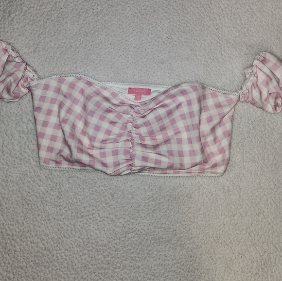 NWT Dolls Kill Pink And White Plaid Sexy Peasants Style Crop Top 😍 - Picture 2 of 7